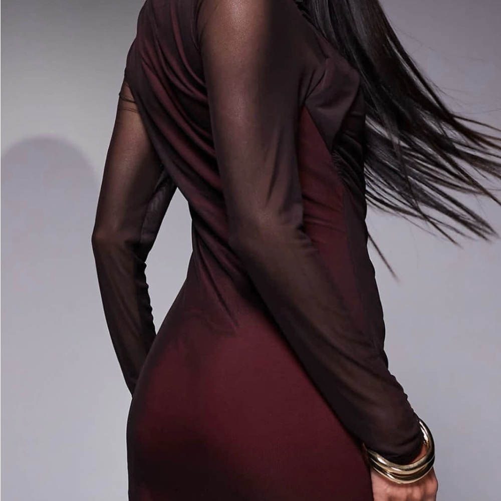 Deep Burgundy Long Sleeve Dress with Ruching - Picture 4 of 10